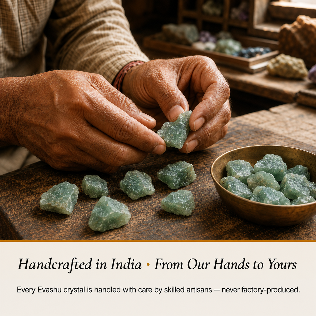 Green Aventurine Stone handcrafted in India showing artisan crystal product making