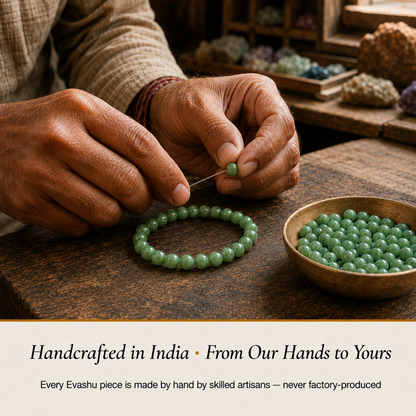 Green Jade Bracelet handcrafted in India showing artisan crystal bracelet making