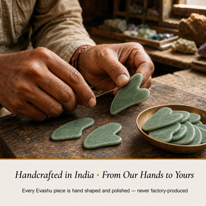 Green Jade Gua Sha handcrafted in India showing artisan crystal product making