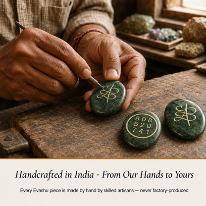 Green Jade Zibu Coin handcrafted in India showing artisan crystal product making