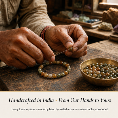 Indian Agate Bracelet handcrafted in India showing artisan crystal bracelet making