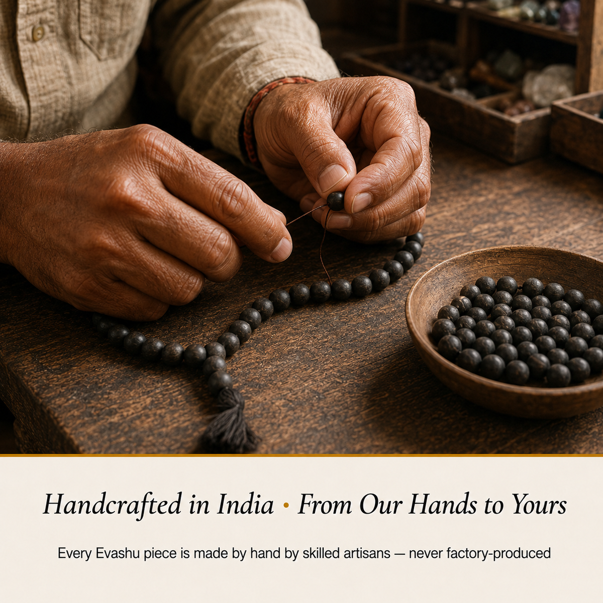 Karungali Mala handcrafted in India showing artisan crystal product making