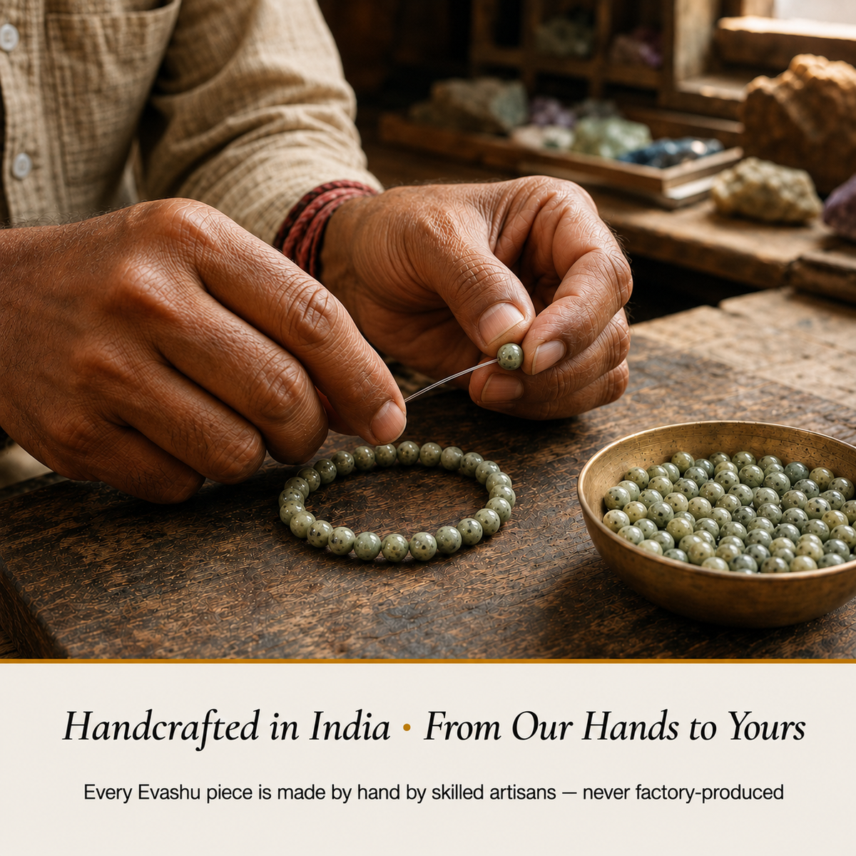 Kiwi Jasper Bracelet handcrafted in India showing artisan crystal bracelet making