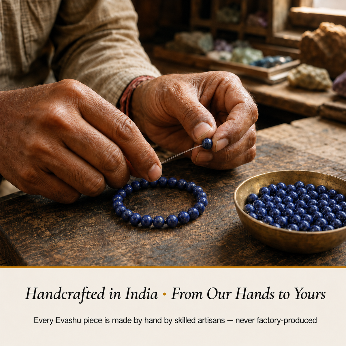 Lapis Lazuli Bracelet handcrafted in India showing artisan crystal bracelet making