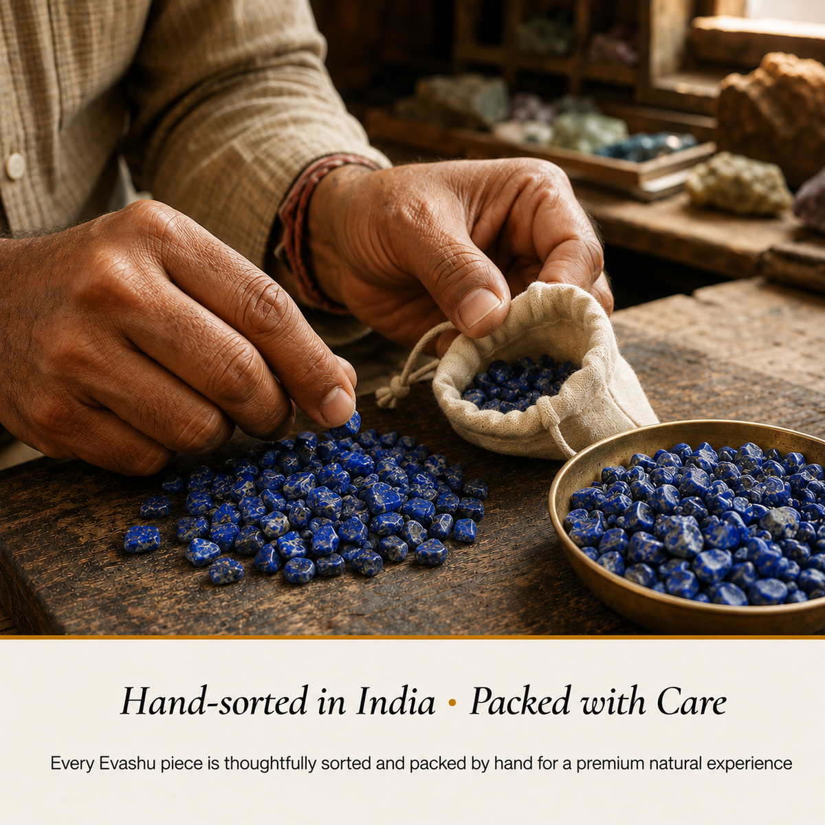 Lapis Lazuli Chips handcrafted in India showing artisan crystal product making