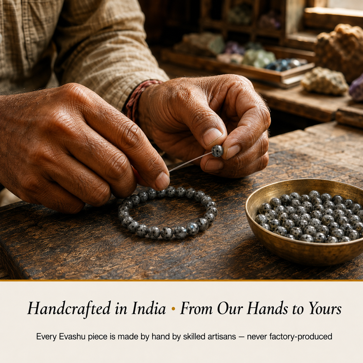 Larvikite Bracelet handcrafted in India showing artisan crystal bracelet making