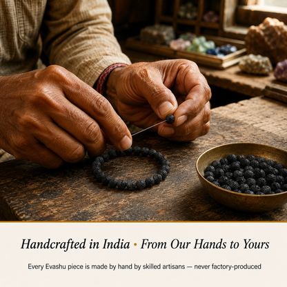 Lava Stone Bracelet handcrafted in India showing artisan crystal bracelet making