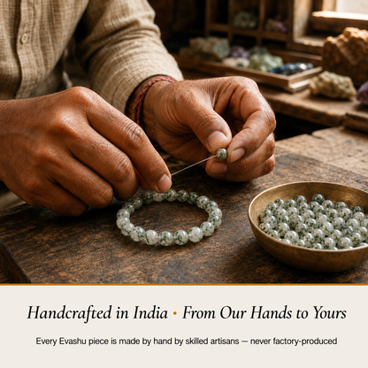 Moss Agate Bracelet handcrafted in India showing artisan crystal bracelet making
