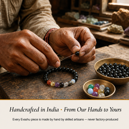 Navratna Bracelet handcrafted in India showing artisan crystal product making