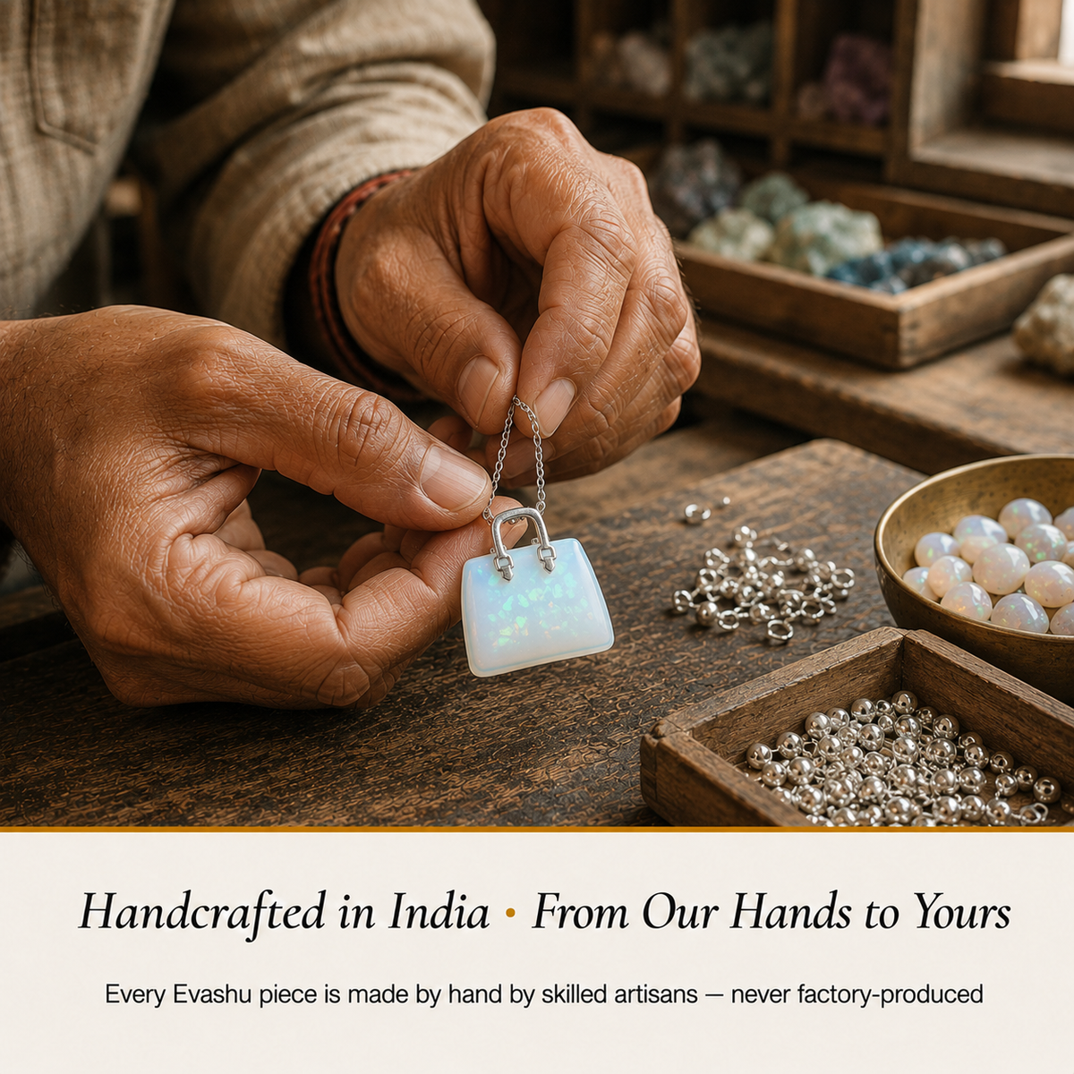Opal Handbag Pendant handcrafted in India showing artisan crystal product making