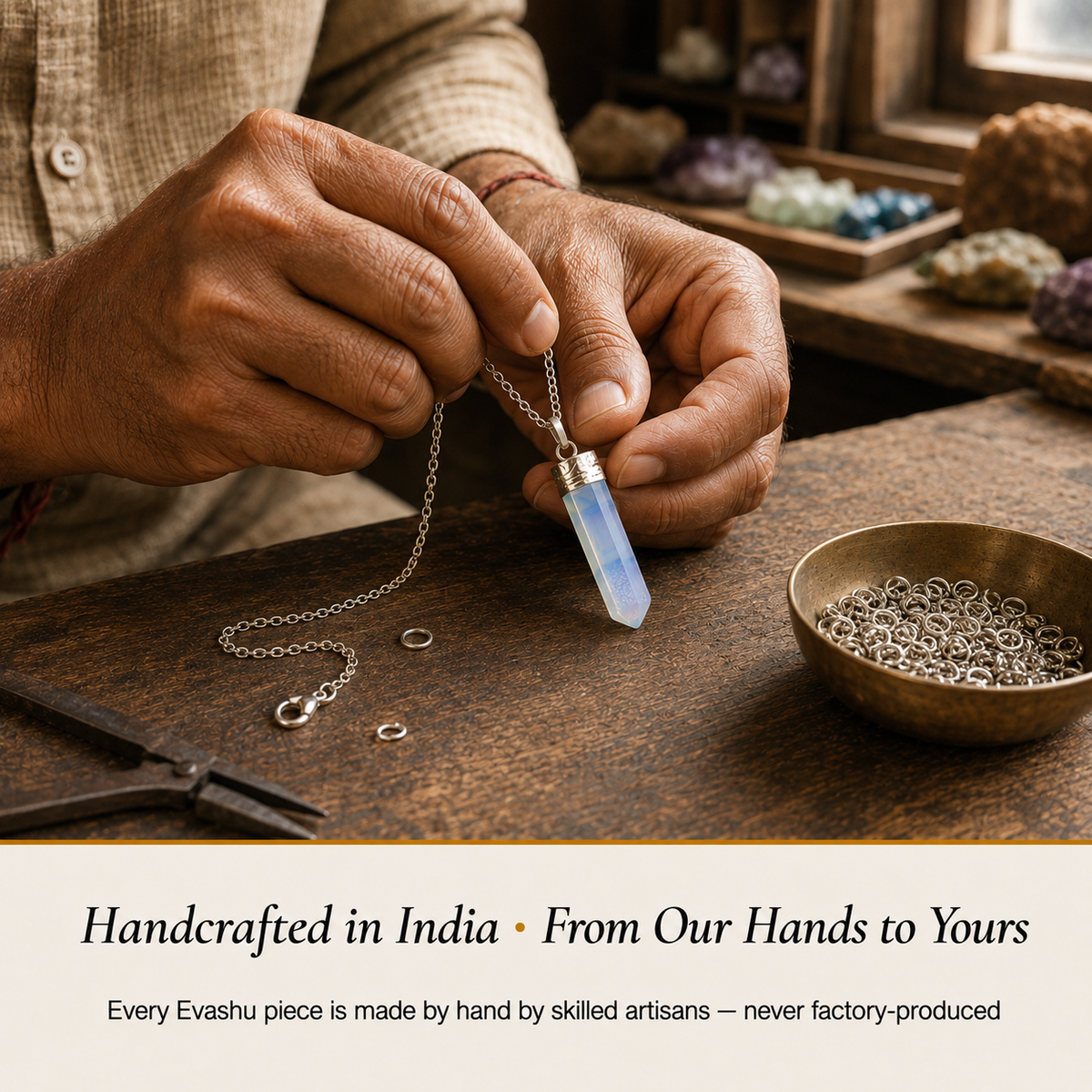 opalite-pencil-pendant handcrafted in India showing artisan crystal product making