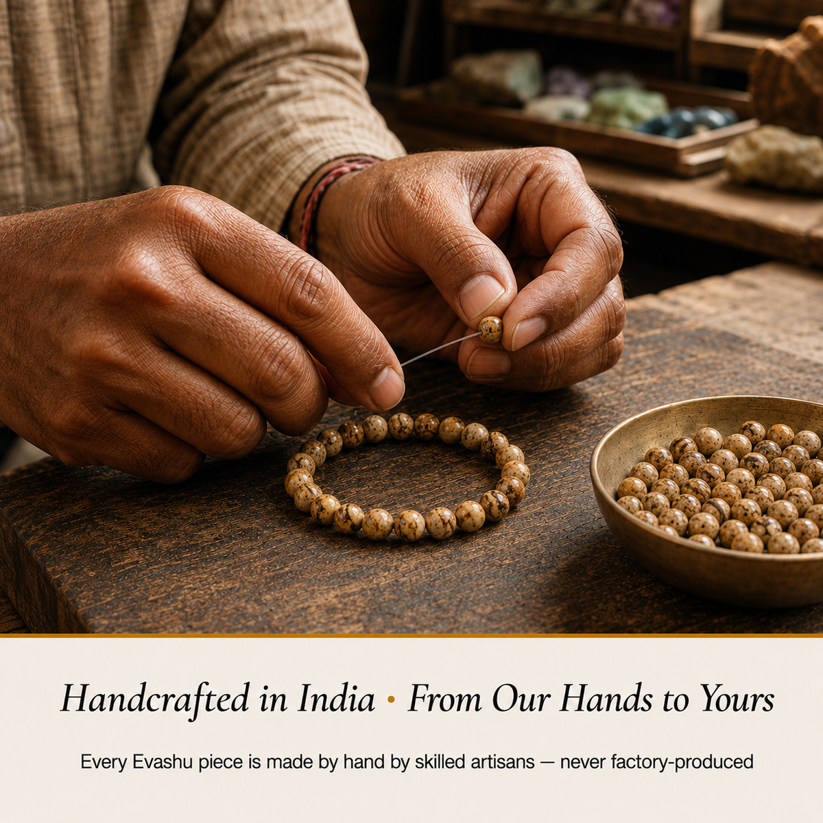 Picture Jasper Bracelet handcrafted in India showing artisan crystal bracelet making