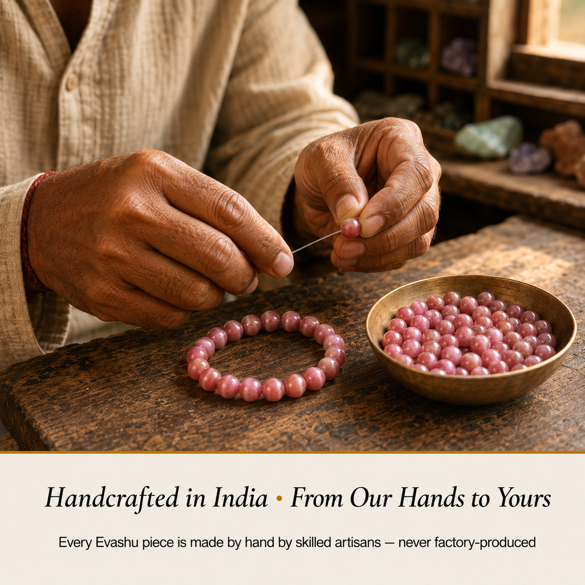 Pink Tiger Eye Bracelet handcrafted in India showing artisan crystal bracelet making