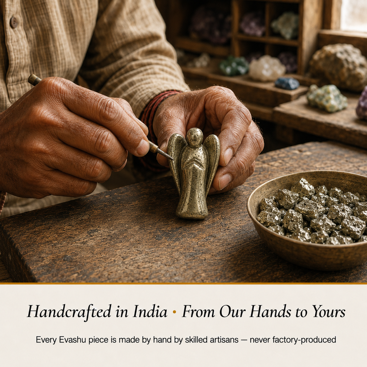 Pyrite Angel handcrafted in India showing artisan crystal product making