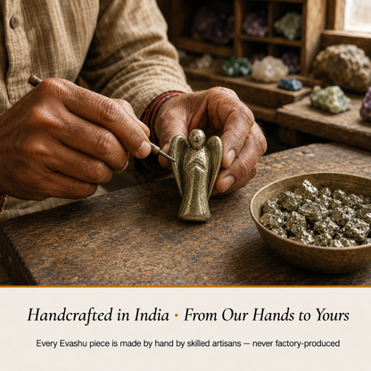 Pyrite Angel handcrafted in India showing artisan crystal product making