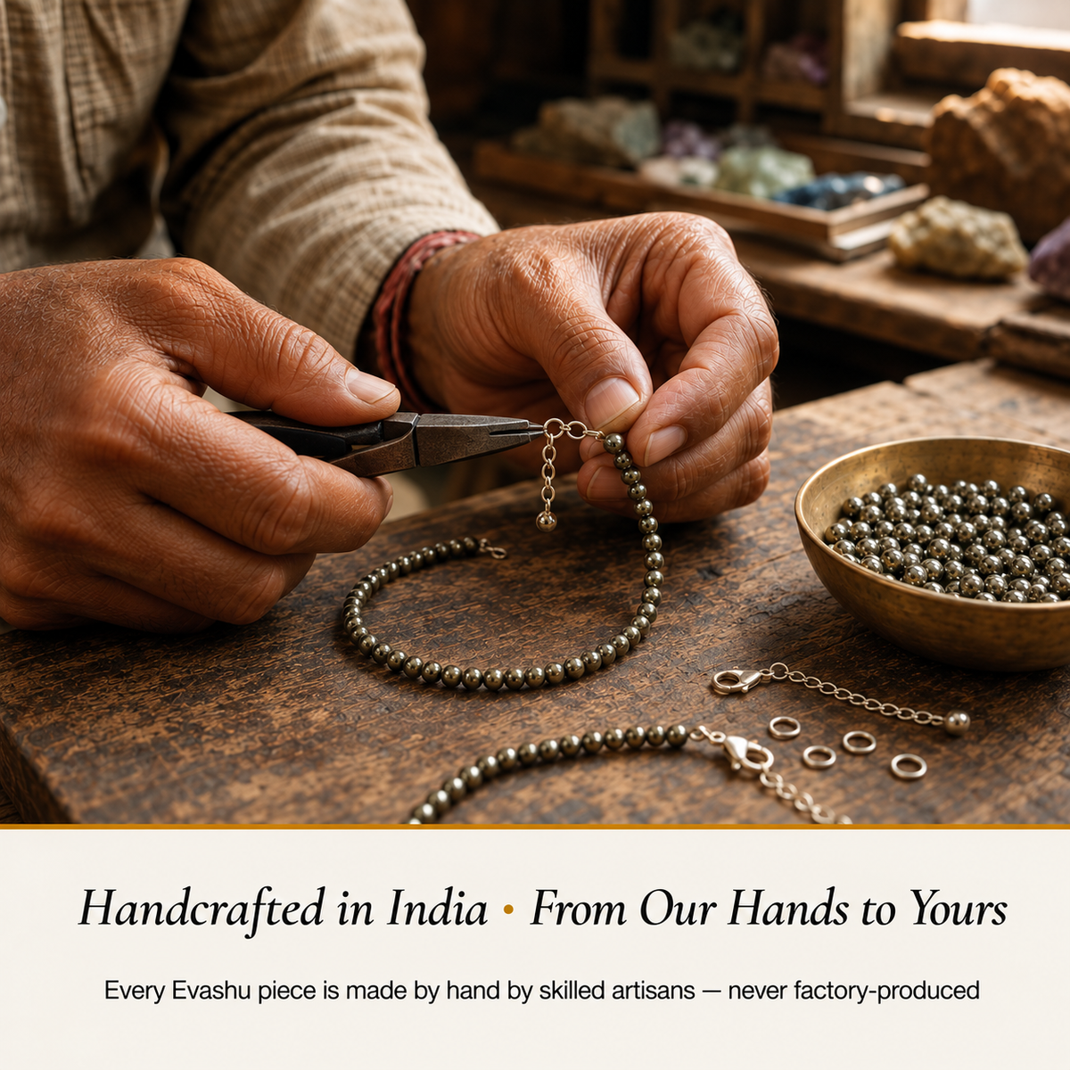 pyrite-anklet-set handcrafted in India showing artisan crystal product making