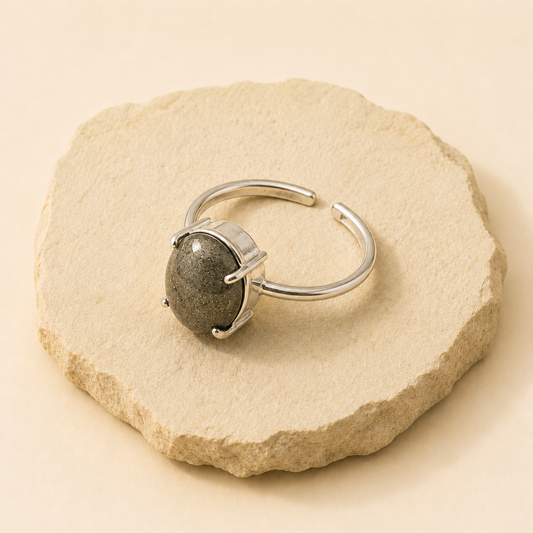 Pyrite Gem Ring handcrafted in India showing artisan crystal product making