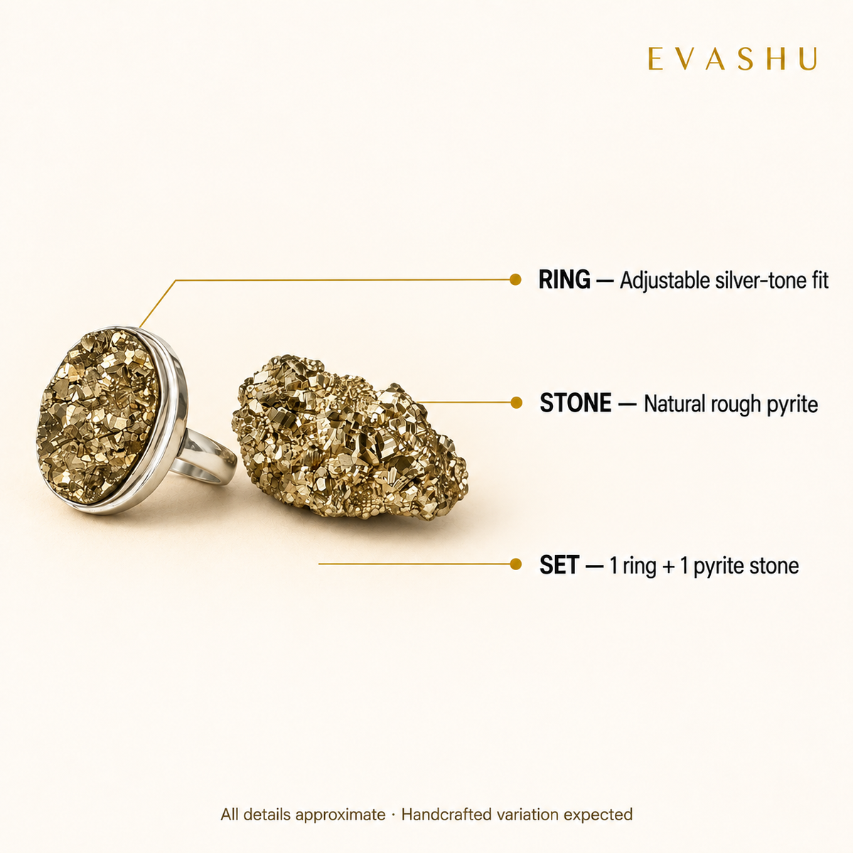 pyrite-stone-and-ring-set handcrafted in India showing artisan crystal product making