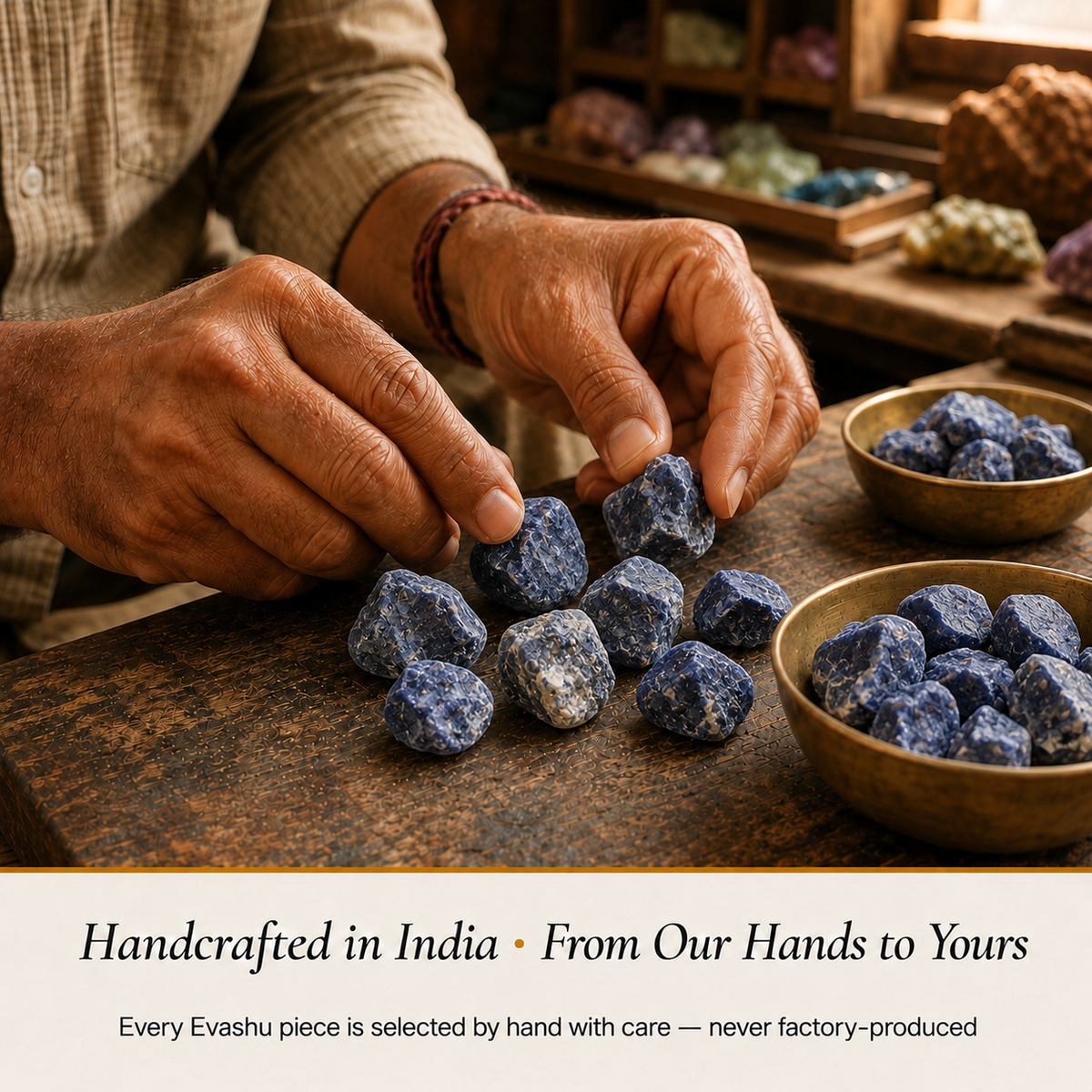 Raw Sodalite Stone handcrafted in India showing artisan crystal product making