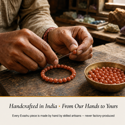 Red Aventurine Bracelet handcrafted in India showing artisan crystal bracelet making