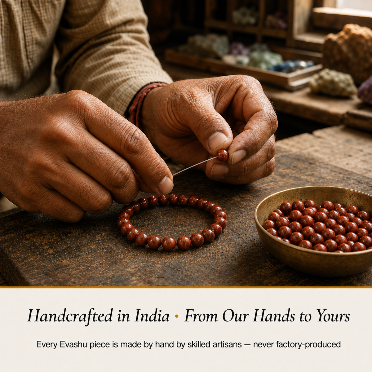 Red Jasper Bracelet handcrafted in India showing artisan crystal bracelet making