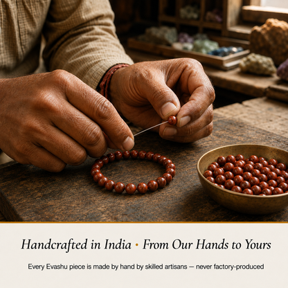 Red Jasper Bracelet handcrafted in India showing artisan crystal bracelet making