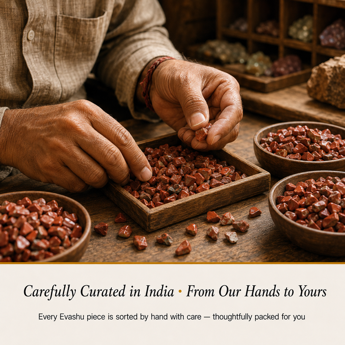 Red Jasper Chips handcrafted in India showing artisan crystal product making