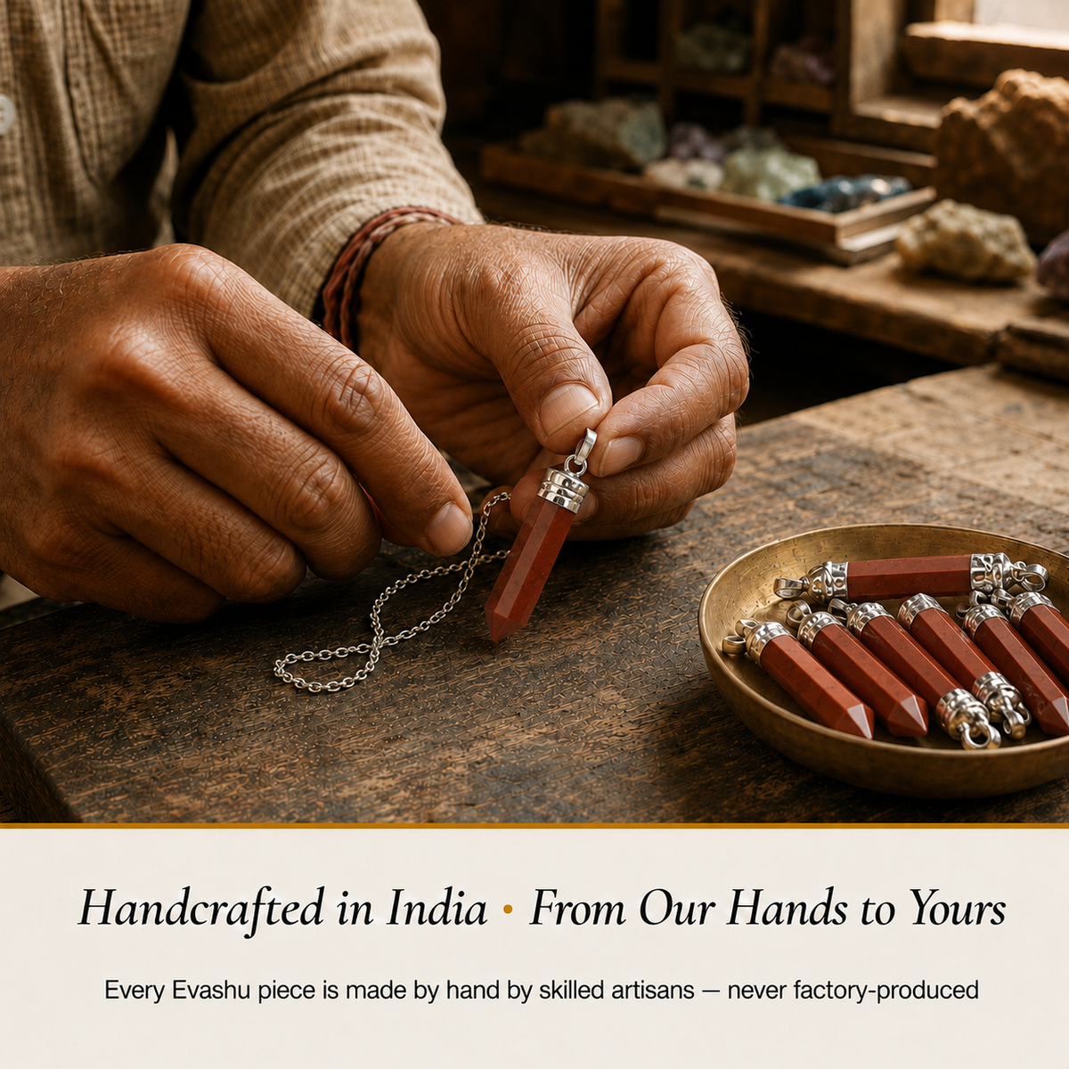 Red Jasper Pencil Pendant handcrafted in India showing artisan crystal product making