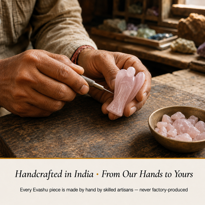 Rose Quartz Angel handcrafted in India showing artisan crystal product making