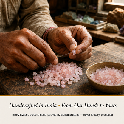 Rose Quartz Chips handcrafted in India showing artisan crystal product making