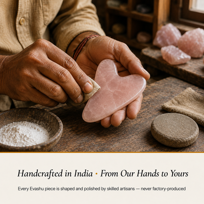 Rose Quartz Gua Sha handcrafted in India showing artisan crystal product making