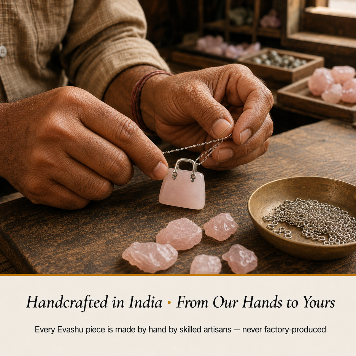 Rose Quartz Handbag Pendant handcrafted in India showing artisan crystal product making
