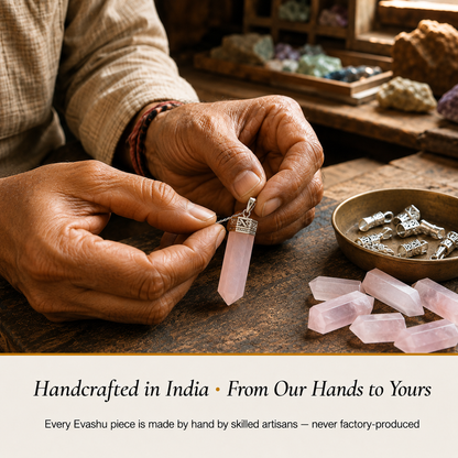 Rose Quartz Pencil Pendant handcrafted in India showing artisan crystal product making