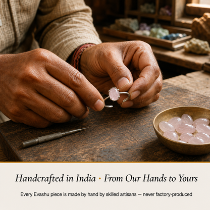 Rose Quartz Ring handcrafted in India showing artisan crystal product making
