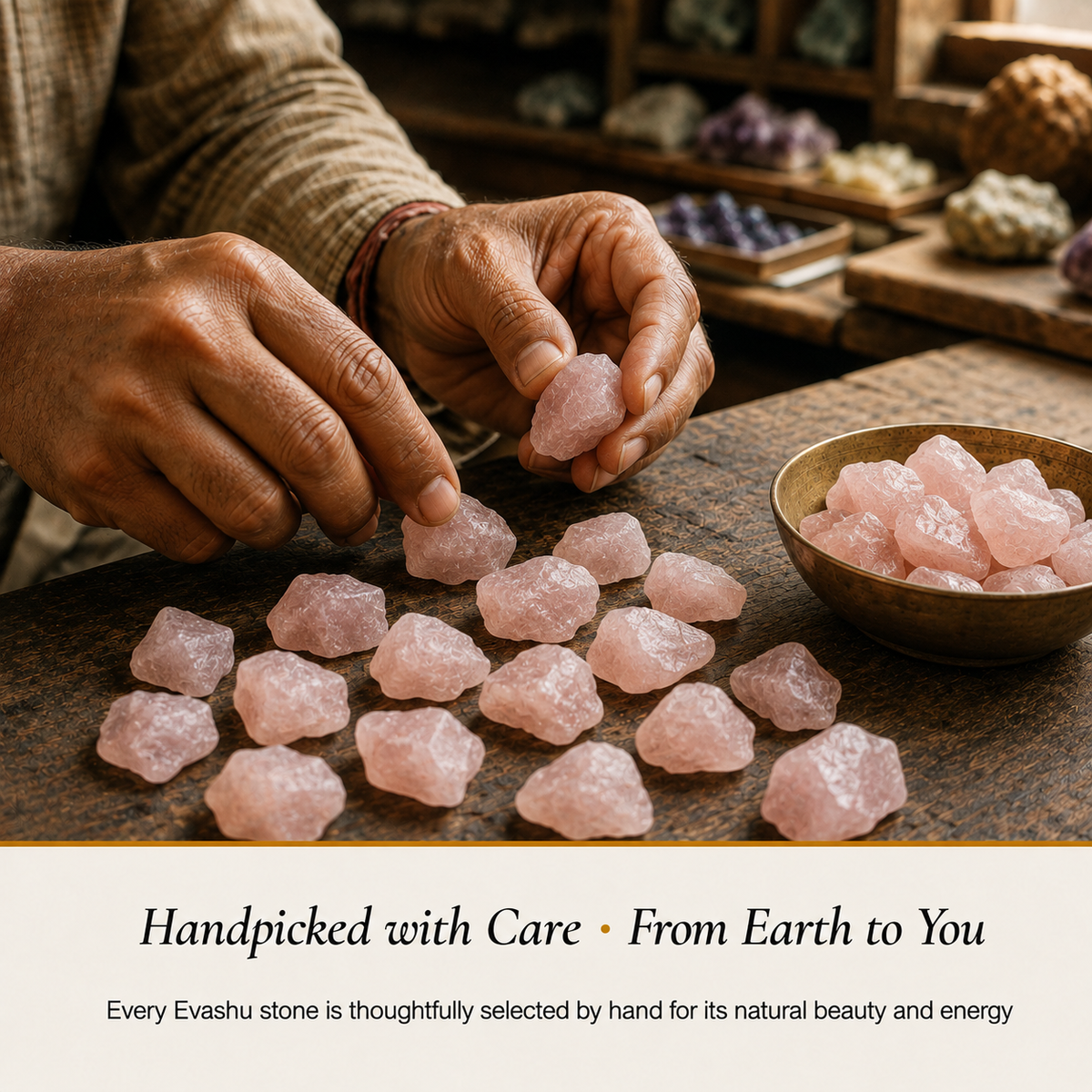 Rose Quartz Stone handcrafted in India showing artisan crystal product making