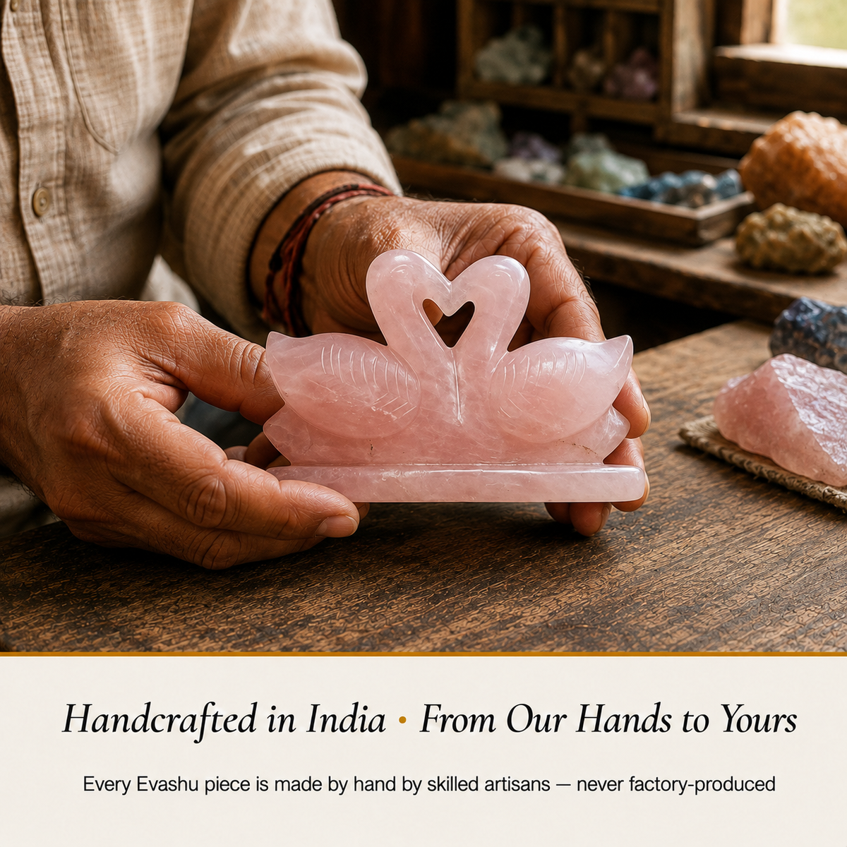 Rose Quartz Swan Pair handcrafted in India showing artisan crystal product making