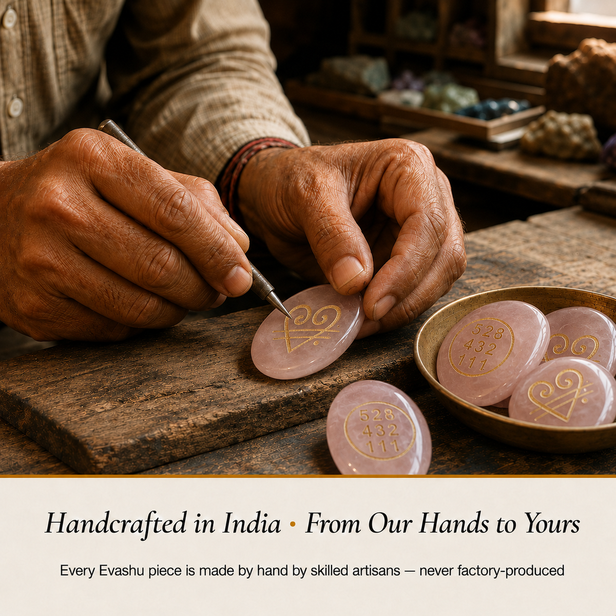 Rose Quartz Zibu Coin handcrafted in India showing artisan crystal product making