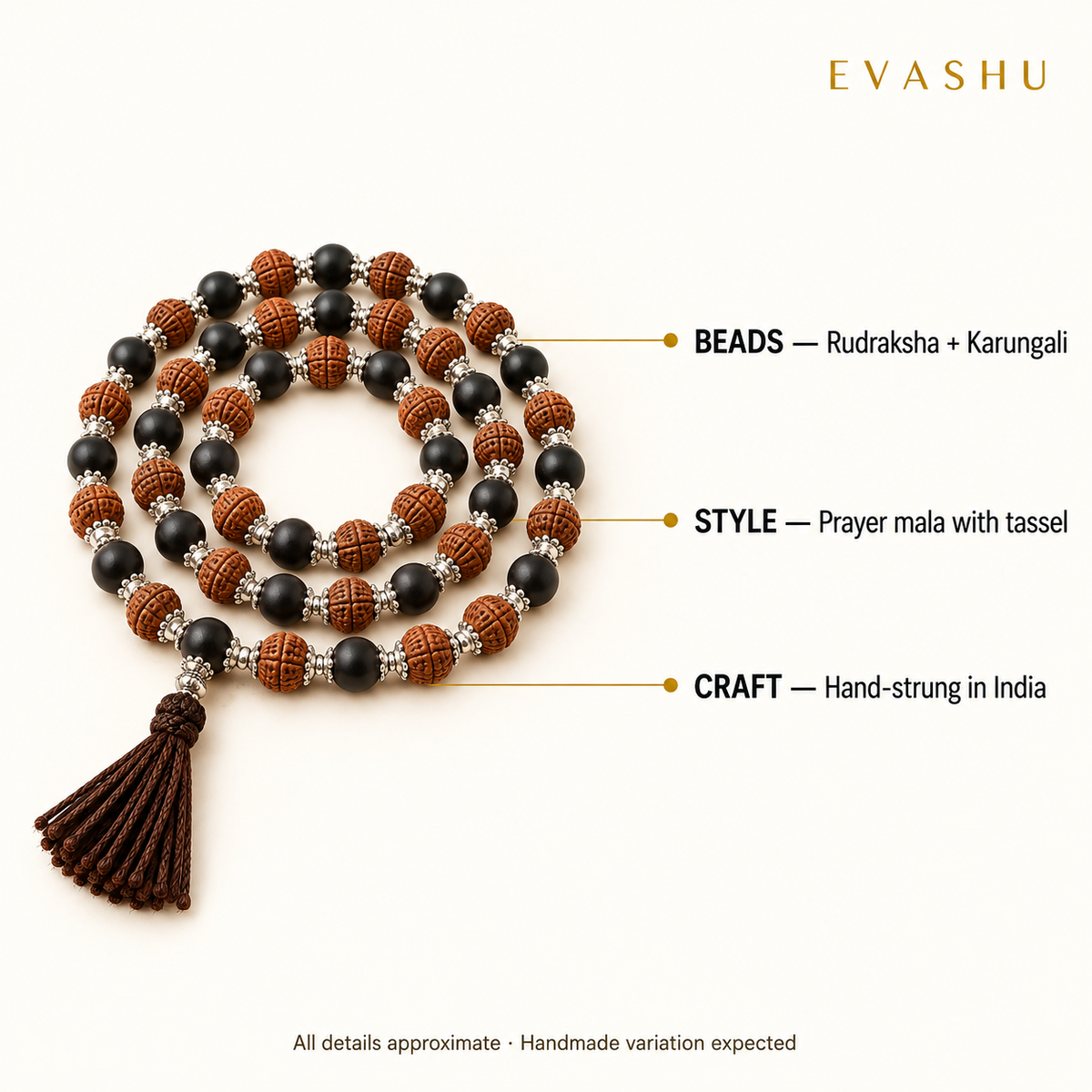 rudraksha-and-karungali-mala handcrafted in India showing artisan crystal product making