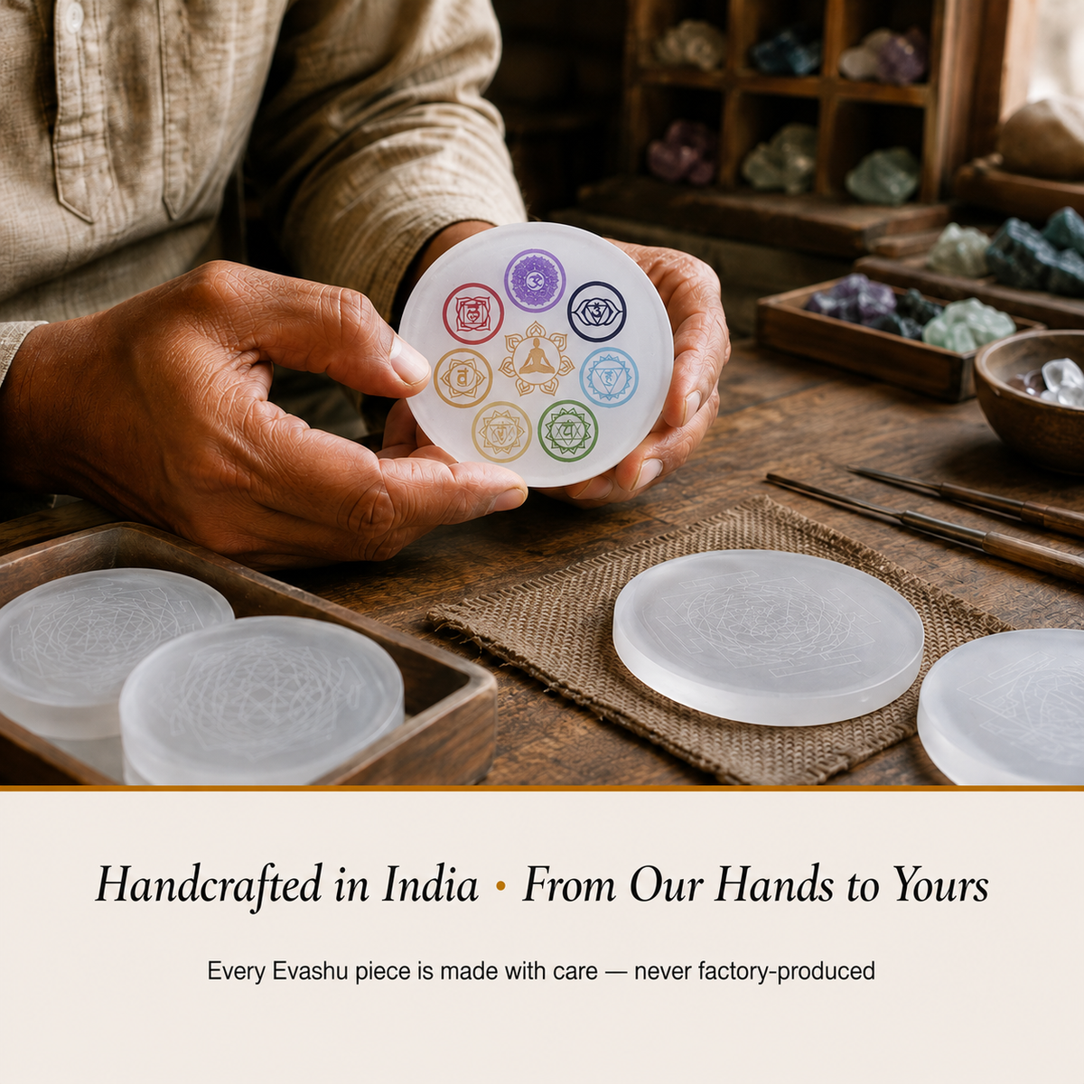 Selenite 7 Chakra Plate handcrafted in India showing artisan crystal product making