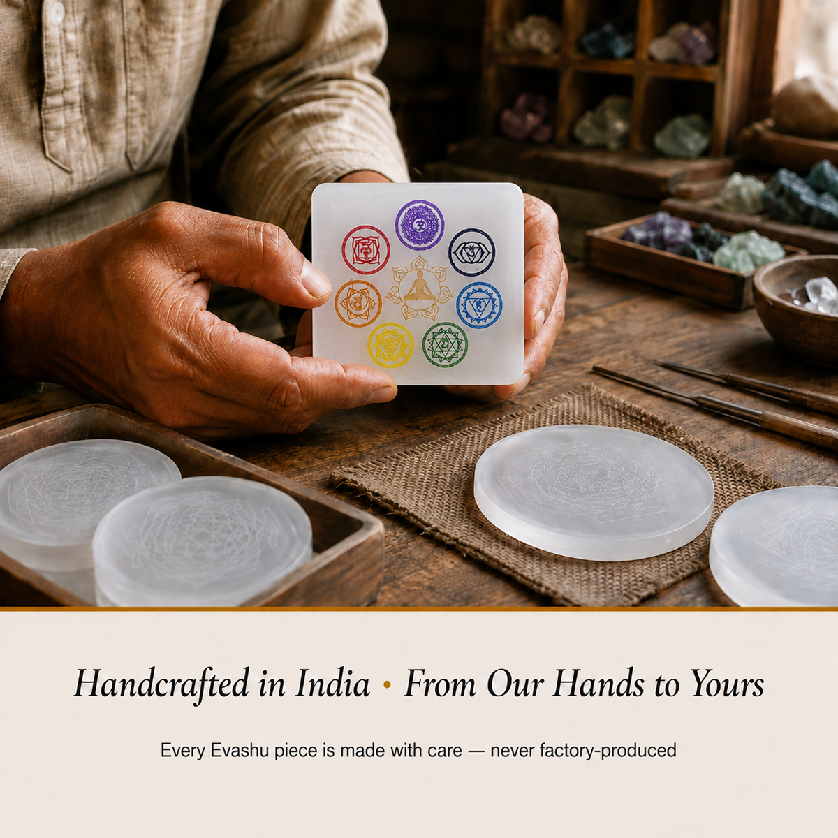 Selenite 7 Chakra Square Plate handcrafted in India showing artisan crystal product making