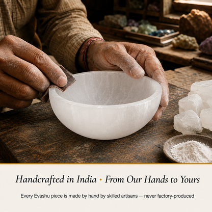 Selenite Bowl handcrafted in India showing artisan crystal product making