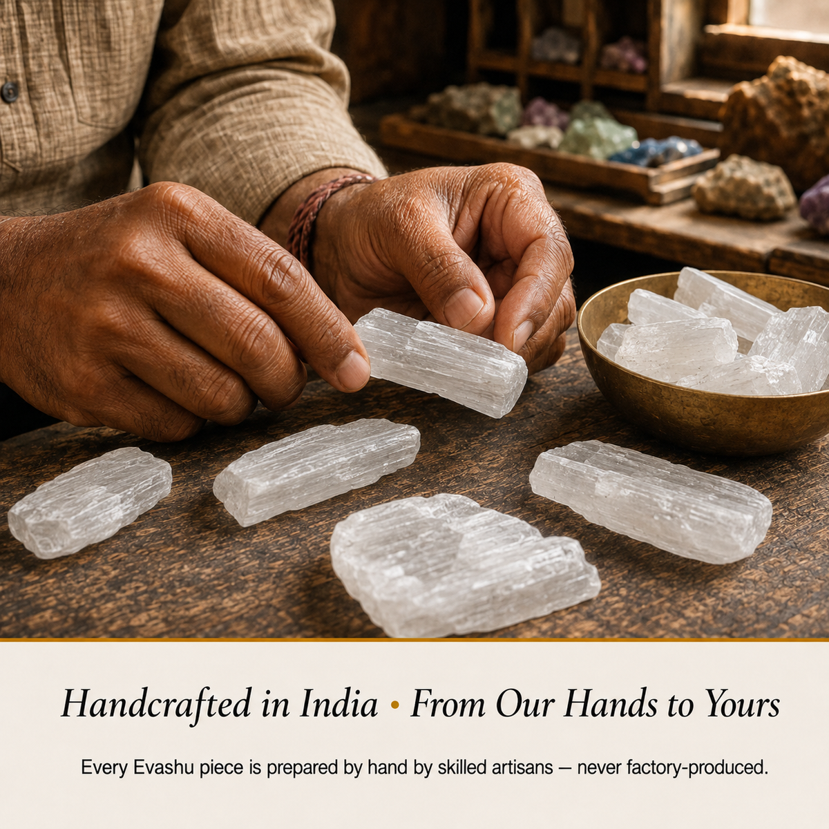 Selenite Stone handcrafted in India showing artisan crystal product making