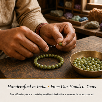 Serpentine Bracelet handcrafted in India showing artisan crystal bracelet making