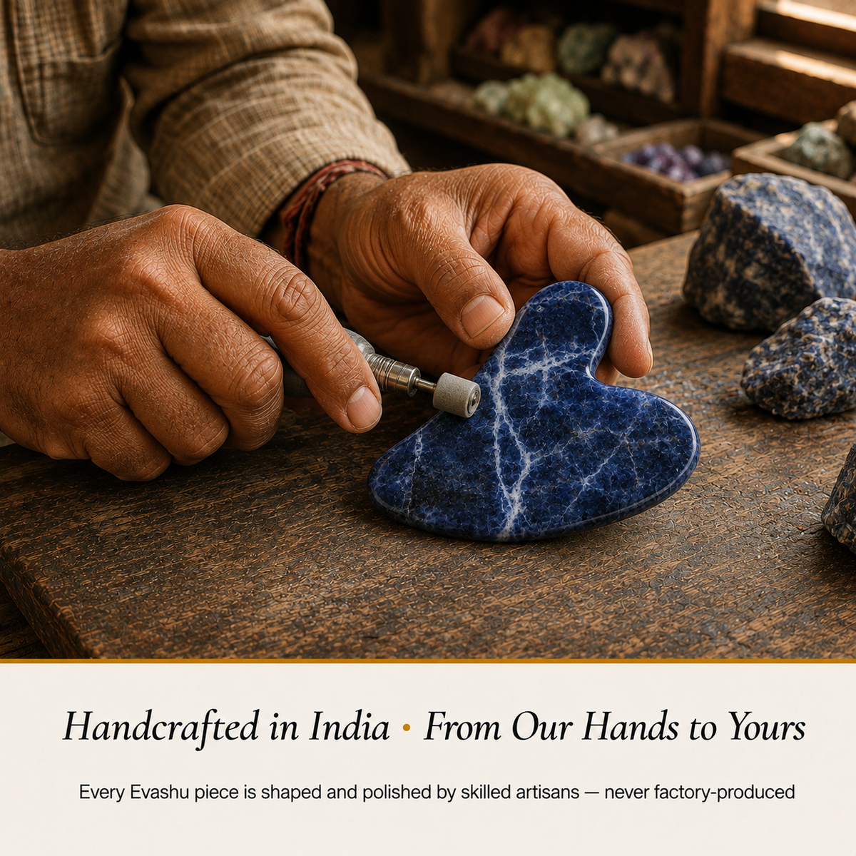 Sodalite Gua Sha handcrafted in India showing artisan crystal product making