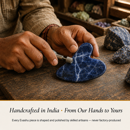 Sodalite Gua Sha handcrafted in India showing artisan crystal product making