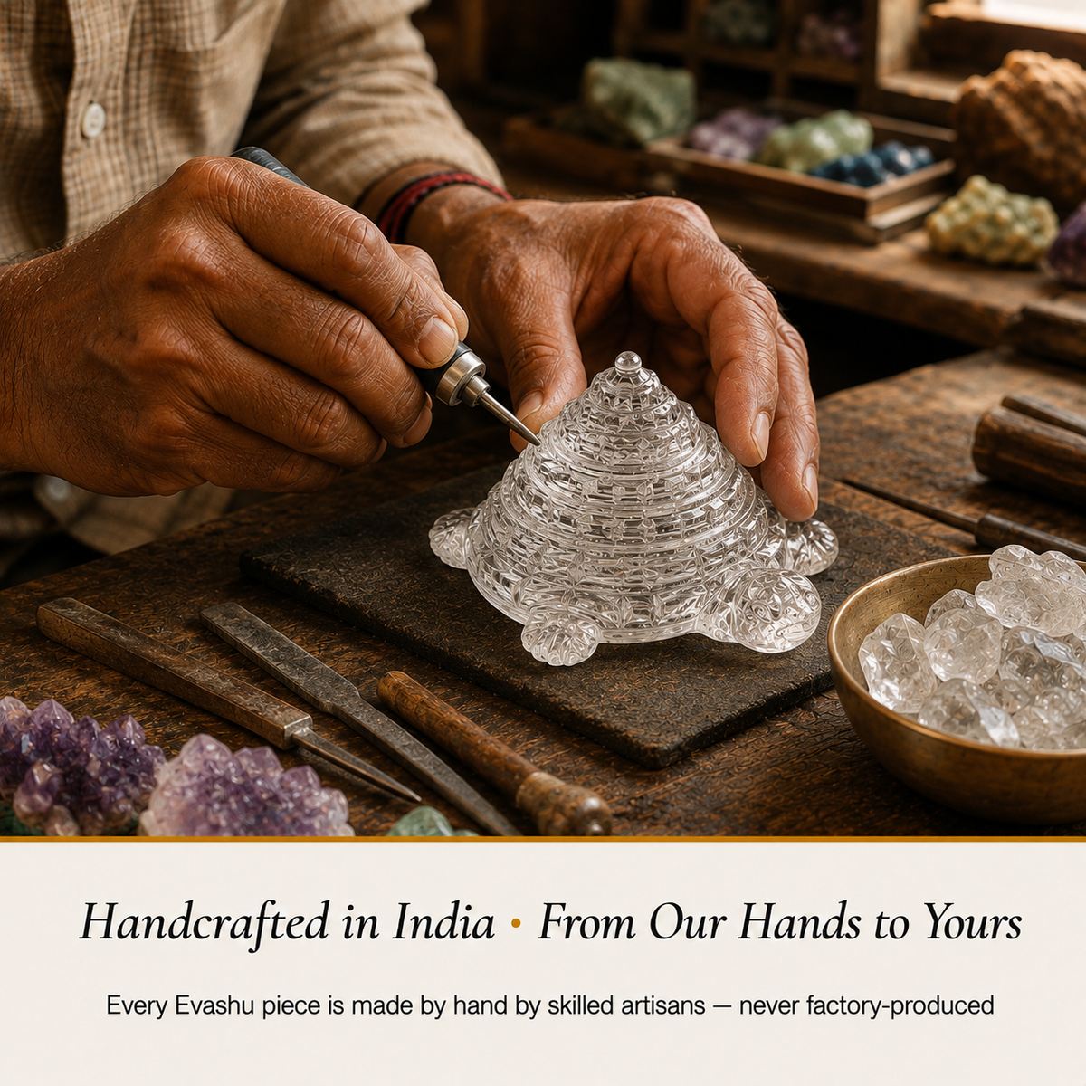 Sphatik Tortoise handcrafted in India showing artisan crystal product making