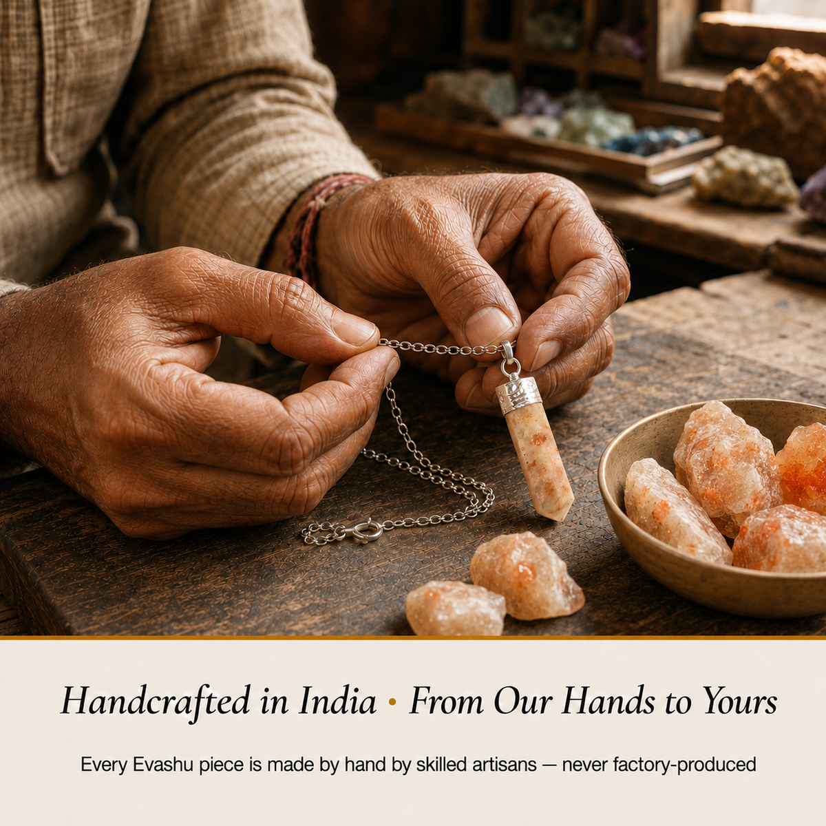 Sunstone Pencil Pendant handcrafted in India showing artisan crystal product making