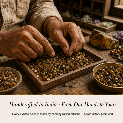 Tiger Eye Chips handcrafted in India showing artisan crystal product making