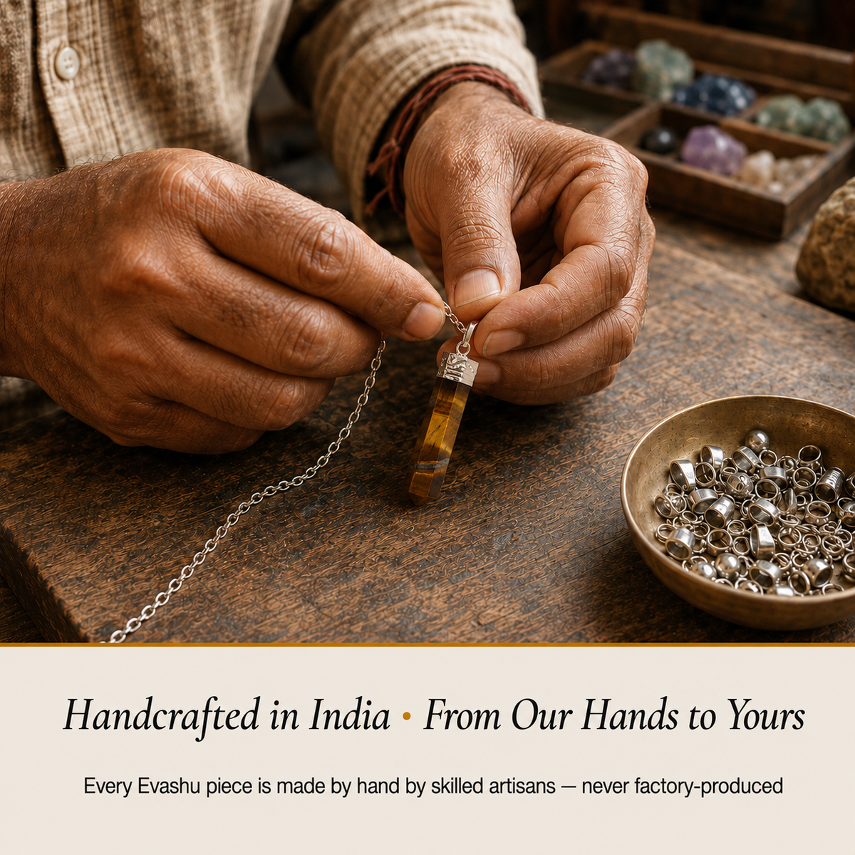 Tiger Eye Pencil Pendant handcrafted in India showing artisan crystal product making