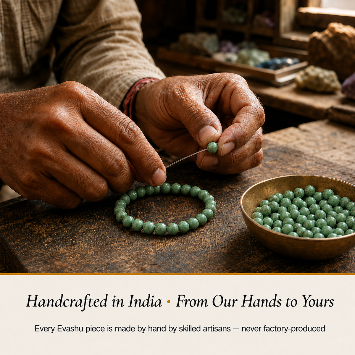 Turquoise Bracelet handcrafted in India showing artisan crystal bracelet making
